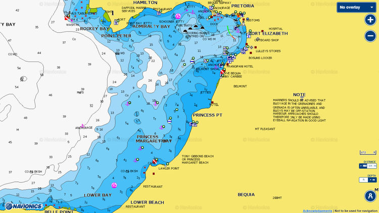 To open Navionics chart of yacht anchorages in the Admiralty Bay of Baquia Island. St. Vincent and Grenadines. Caribbean