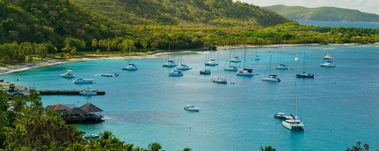 Yachts mooring on buoys in Britannia Bay on Mustique Island.