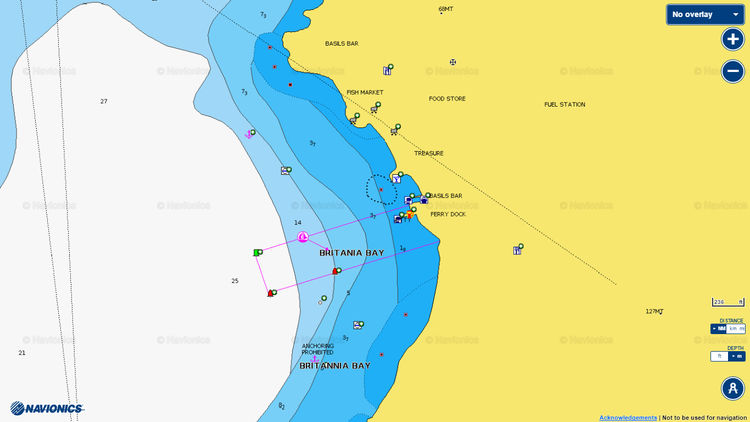 To open Navionics chart of yacht moorings at the buoys in Britannia Bay on Mustique Island. Saint Vincent and Grenadines. Caribbean