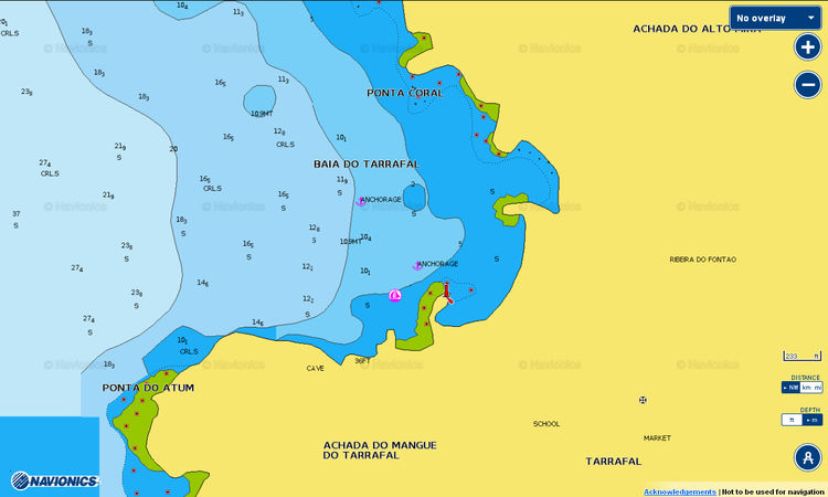 Open Navionics map of yacht anchorages in Tarrafal Bay on the north-west of Santiago Island. Cape Verde.