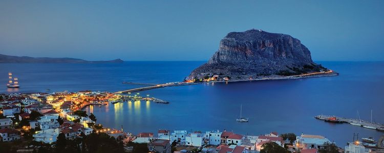 Yachts in Monemvasia in the evening