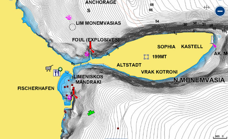 To open Navionics chart of yacht moorings in Monemvasia, Argolikos Gulf. Greece.