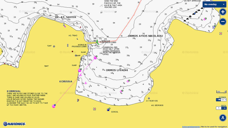 To open Navionics chart of yacht mooring in the Karissia waterfront. Kea Island. Cyclades. Greece