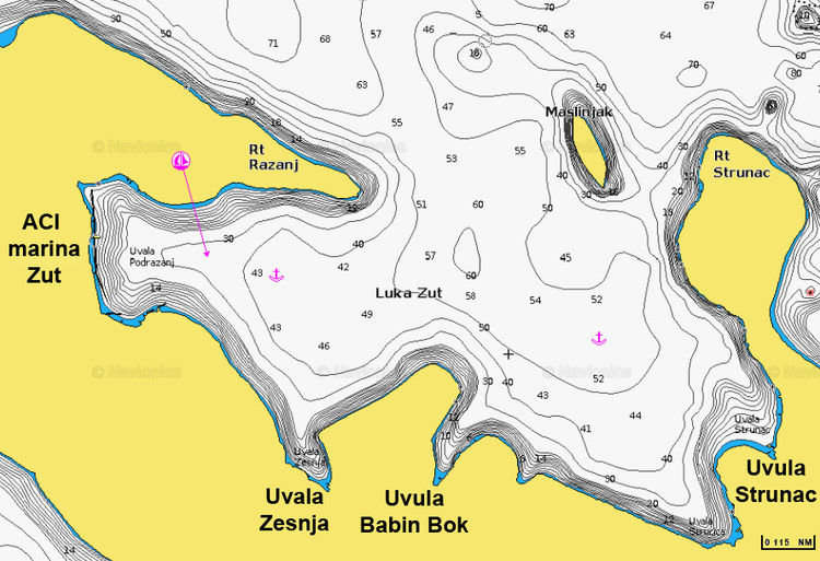 To open Navionics chart of yacht anchorages in Zut Bay