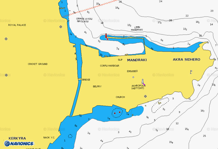 To open the Navionics map of the Mandraki Marina in Corfu, Corfu. Ionian Sea. Greece.