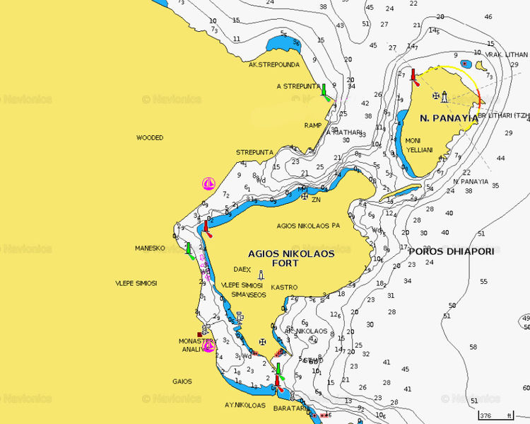 To open Navionics chart of yacht moorings in Port Gaios. Paxos Island. Ionian Sea. Greece.