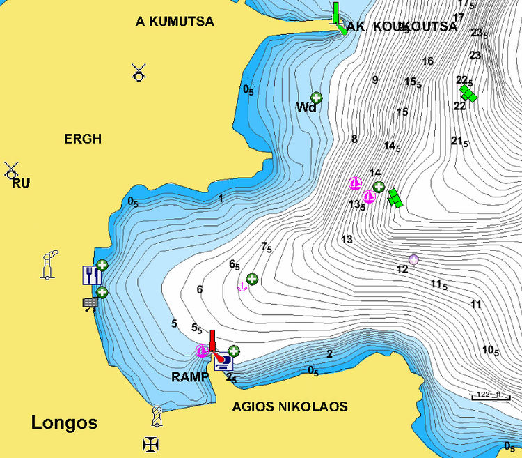 To open Navionics chart of yacht moorings in Port Longos. Paxos Island. Ionian Sea. Greece.