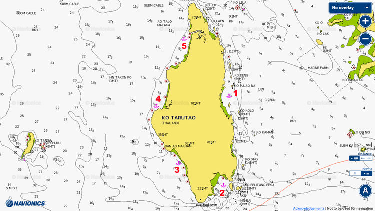 To open Navionics chart of yacht anchorages off Tarutao Island. Sea of Andaman. Thailand