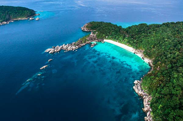 A view from an airplane to the yacht anchorages in the bay on the north of Similan Island