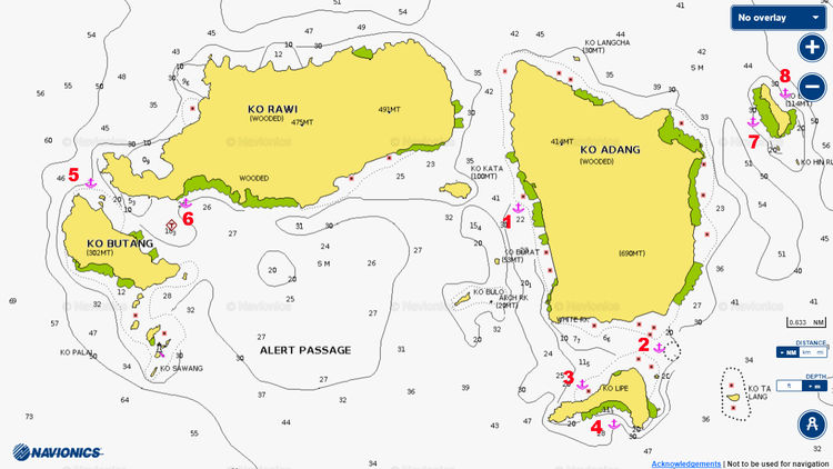 To open Navionics chart of yacht anchorages in the Butang archipelago. Andaman Sea. Thailand.