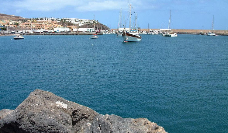 Yachts at anchor to west of the port of Morro Jable, Fuerteventura Islands. Canary Islands.