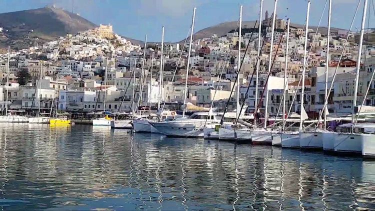 Yacht moorings at waterfront of Ermoupolis