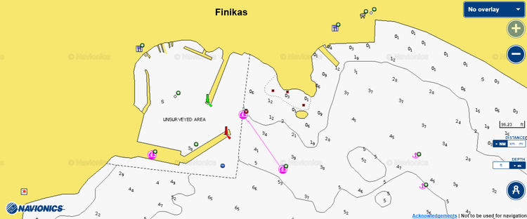 To open Navionics chart of yacht moorings in Finikas, Syros island. Cyclades. Greece