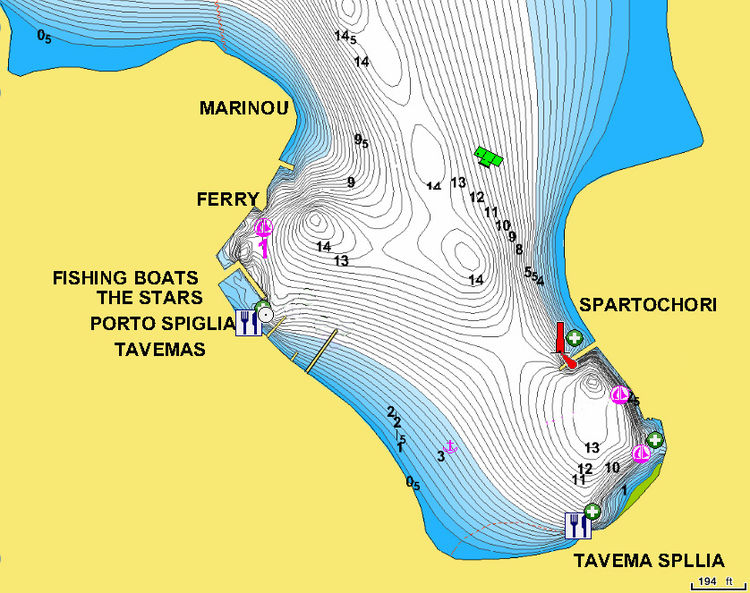 Yacht moorings in the port of Spilia