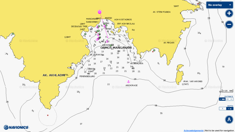 To open Navionics chart of yacht anchorages in Manganari Bay on the south of Ios. Cyclades. Greece