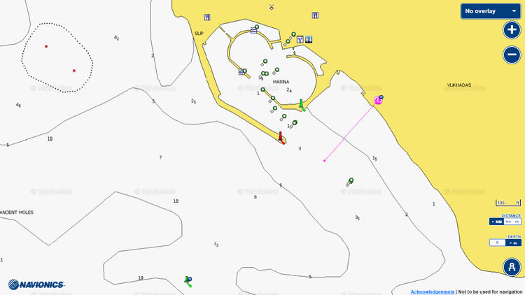 To open Navionics chart of yacht mooring sites in Vlycada Marina on Santorini Island. Cyclades. Greece