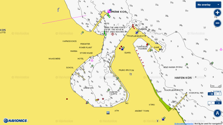 To open Navionics chart of yacht mooring in Kos harbor. Dodecanese. Greece