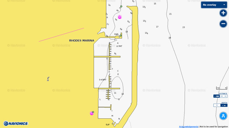 To open Navionics chart of yacht mooring in Rhodes Marina. Rhodes Island. Dodecanese. Greece