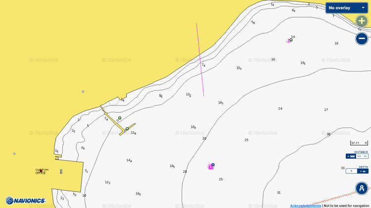 To open Navionics chart of yacht mooring sites in Chalki Island harbor. Rhodes Island. Dodecanese. Greece