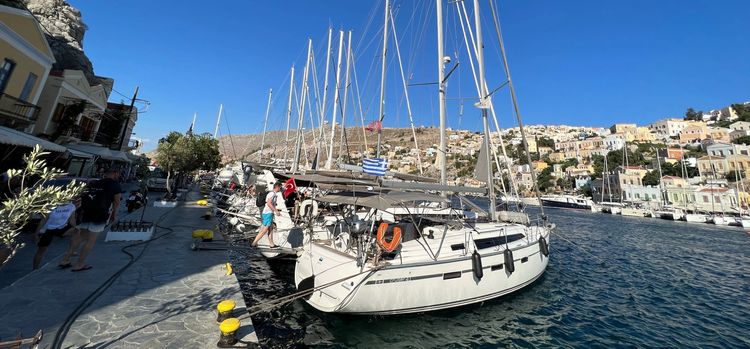 Yacht mooring in Symi harbor