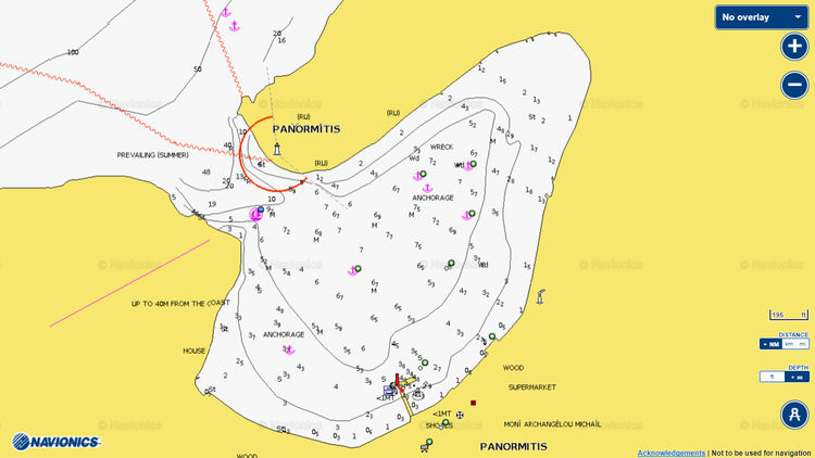 To open the Navionics chart of yacht anchorages in Panormitis Bay. Symi Island. Dodecanese. Greece