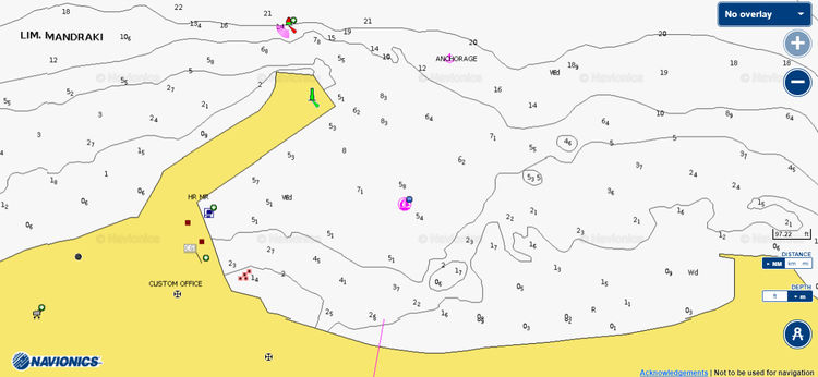 To open Navionics chart of yacht mooring in Mandraki harbor. Nisyros Island. Dodecanese. Greece