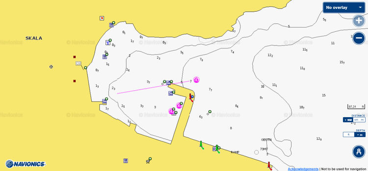 To open Navionics chart of yacht mooring sites in Astypalaia harbor. The island of Astypalaia. Dodecanese. Greece