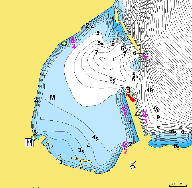 To open the Navionics chart of yacht moorings in the port of Frickes. Ithaki Island. Ionian Sea. Greece.