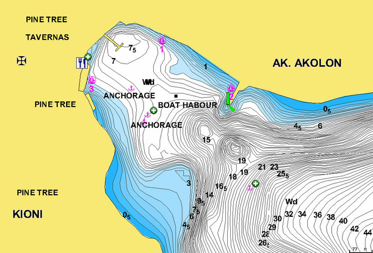 To open Navionics chart of yacht moorings in Kioni harbor. Ithaca Island. Ionian Sea. Greece.