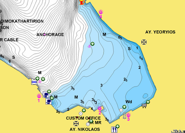 Yacht moorings in the port of Vathi