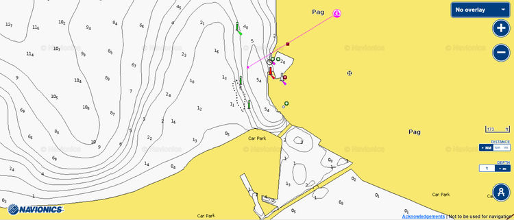 To open Navionics chart of yacht mooring on waterfront Pag town