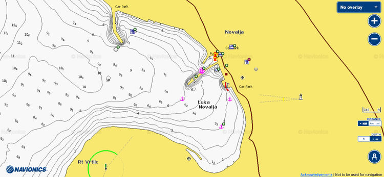 To open Naionics chart of yacht moorings in Novalja Bay