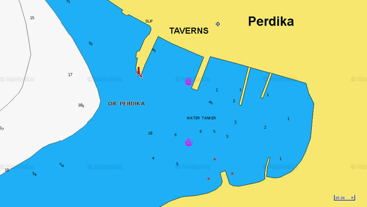 To open Navionics chart of the yacht mooring in the fishport of Perdika. Aegina Island. Greece