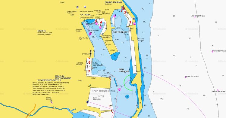 To open Navionics chart of Yacht moorings in Catania harbor