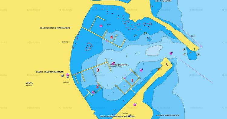 To open Navionics chart of Yacht moorings in Marzamemi harbor