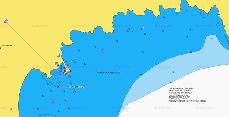 To open Navionics chart of the yacht moorings in Agia Marinas. Aegina Island. Greece