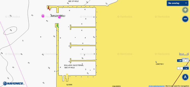 To open Navionics chart of yacht moorings in the marina of Argostoli. The island of Kefalonia. Ionian Sea. Greece.