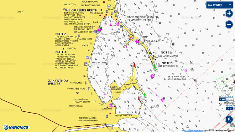 To open Navionics chart of yacht moorings in the port of Zakynthos. Island of Zakynthos. Ionian Sea. Greece