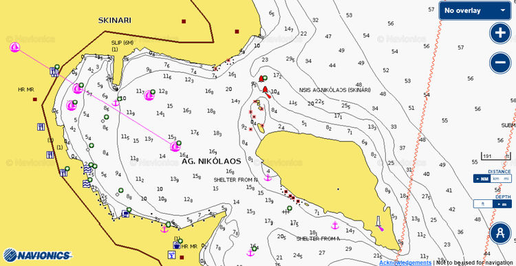 To open Navionics chart of yacht moorings in Agios Nikolaos Bay on the island of Zakynthos in the Ionian Sea of Greece