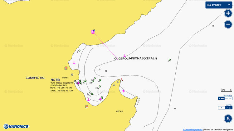 To open Navionics chart of yacht anchorages in Kefali. Kalamos Island. Ionian Sea. Greece