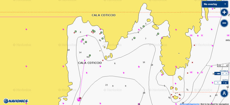 To open Navionics chart of yacht anchorage in Cala Caticcio on Caprera Island