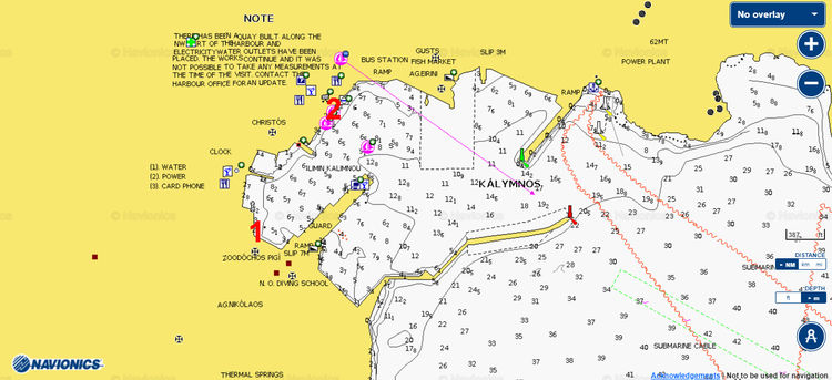 To open Navionics chart of yacht moorings in the Kalymnos harbor. Kalymnos Island. Dodecanese. Greece