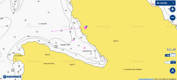 To open Navionics chart of yacht anchorages in Argano Bay. Kalymnos Island. Dodecanese Island. Greece