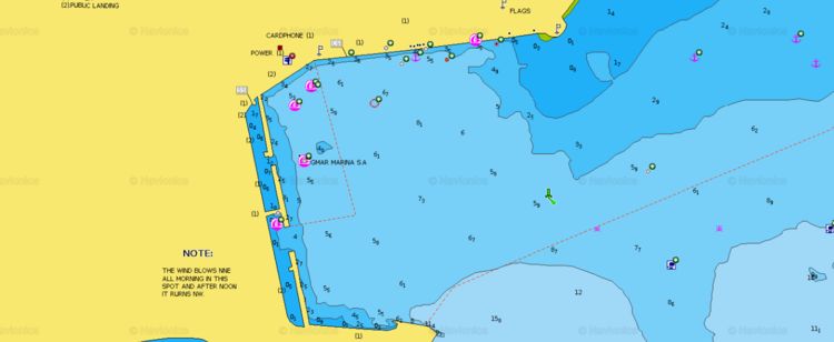 To open Navionics chart of yacht moorings in Agmar Lakki Marina. Leros. Dodecanese. Greece.