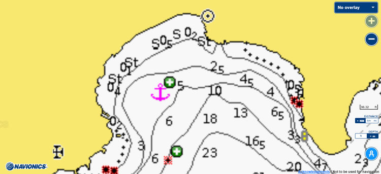 To open Navionics chart of yacht anchorages in Aspri Bay. Patmos Island. Dodecanese. Greece