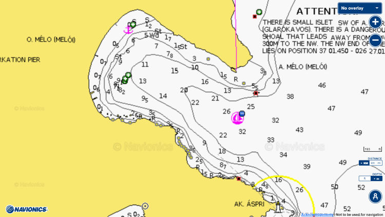 To open Navionics chart of yacht anchorage in Meloi Bay. The island of Patmos. Dodecanese. Greece