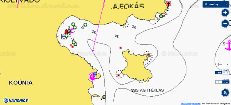 To open Navionics chart of yacht anchorages in Agriolivadho Bay. The island of Patmos. Dodecanese. Greece