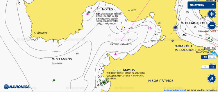 To open Navionics chart of yacht anchorages in Stavros Bay. The island of Patmos. Dodecanese. Greece