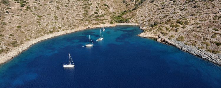 Yacht anchorage in Poros Bay. Agathonisi Island. Dodecanese. Greece