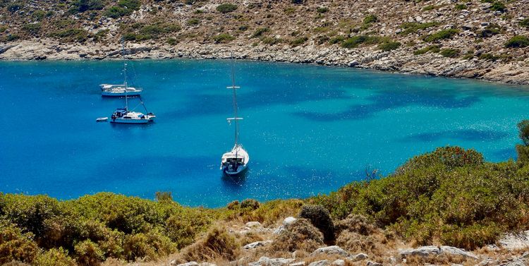 Yacht anchorage in Poros Bay. Agathonisi Island. Dodecanese. Greece